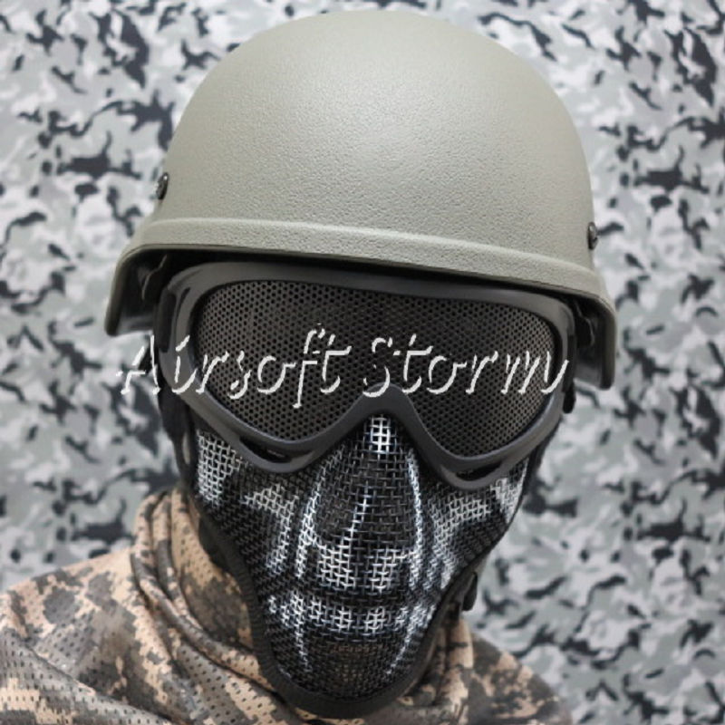 Airsoft SWAT Tactical Gear Deluxe Stalker Type Half Face Metal Mesh Protector Mask Black with Skull Print