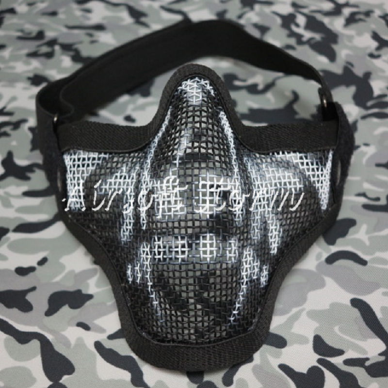 Airsoft SWAT Tactical Gear Deluxe Stalker Type Half Face Metal Mesh Protector Mask Black with Skull Print - Click Image to Close